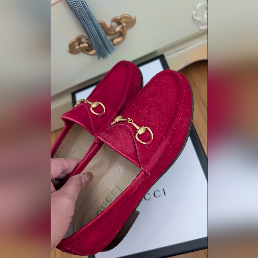 Gucci Red Suede Horsebit Loafers
